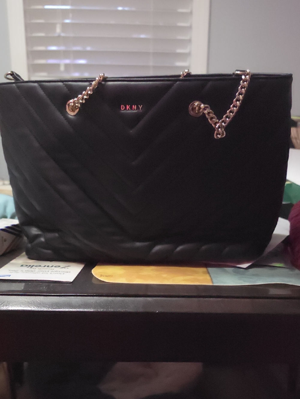 DKNY Vivian Black Quilted Tote with Gold Chain Handles